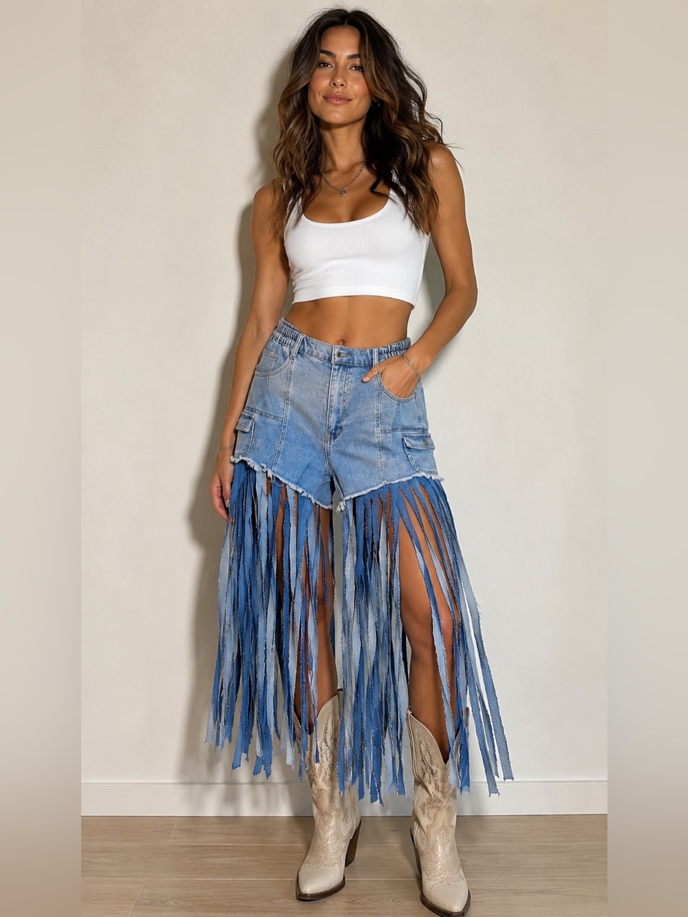 Upcycled triple Fringed Denim Shorts with Long Tassels size L
